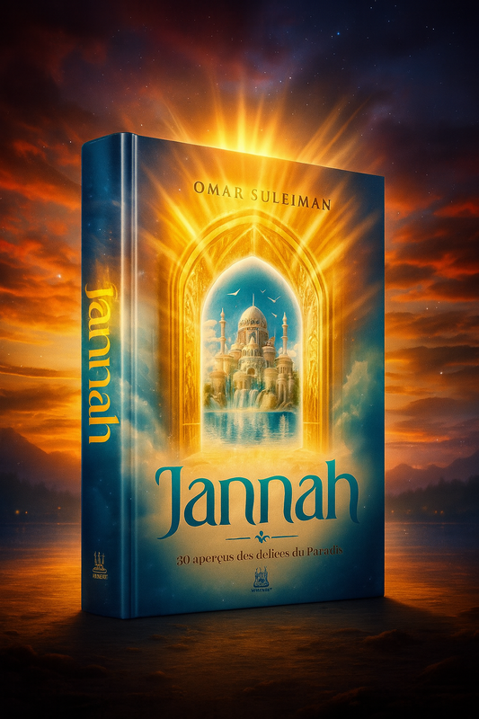 Couverture du livre "Jannah - 30 aperçus des délices du Paradis" par Omar Suleiman – Édition 3D cinématographique avec palais céleste et décor paradisiaque lumineux.