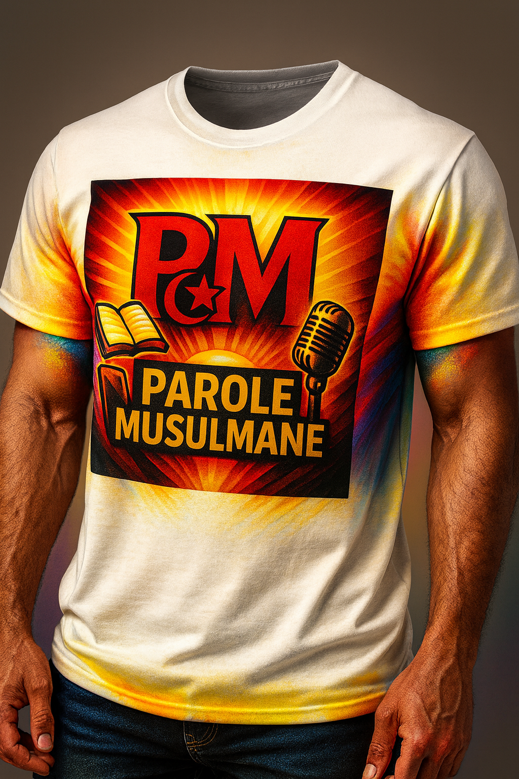 T-shirt islamique engagé – Parole Musulmane – Design militant HDR haut en couleur, micro et livre – Idéal pour affirmer sa foi, lutter contre l’islamophobie et soutenir une parole musulmane libre – Impression de qualité sur textile blanc – Vêtement musulman homme tendance et original