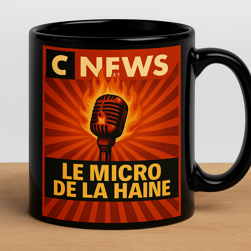 Mug engagé anti-islamophobie – Design percutant CNews Le Micro de la Haine – Tasse noire haut de gamme avec visuel militant, micro en flammes, rayons rouges et message fort – Idéal pour café, bureau ou cadeau – Produit de soutien à une parole musulmane libre et courageuse