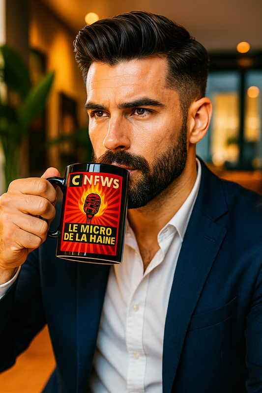 Mug engagé anti-islamophobie – Design percutant CNews Le Micro de la Haine – Tasse noire haut de gamme avec visuel militant, micro en flammes, rayons rouges et message fort – Idéal pour café, bureau ou cadeau – Produit de soutien à une parole musulmane libre et courageuse