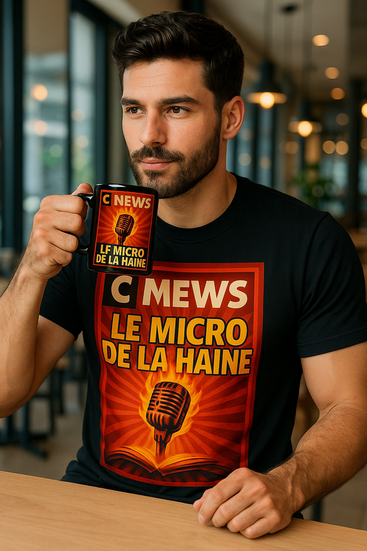 Homme barbu musclé portant un t-shirt noir avec l'inscription « CNEWS, le micro de la haine » et buvant du café dans un mug assorti. Produit engagé contre l'islamophobie, design provocateur pour boutique militante.