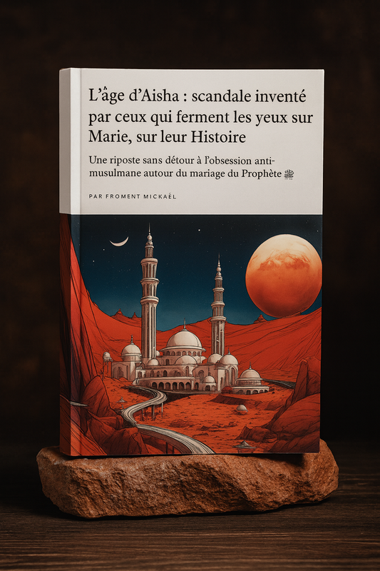 Couverture du livre « L’âge d’Aïsha : scandale inventé par ceux qui ferment les yeux sur Marie, sur leur Histoire » – une riposte puissante contre l’obsession antimusulmane autour du mariage du Prophète ﷺ. Livre de Froment Mickaël, apologétique, islamique, éducatif et argumenté, idéal pour réfuter les accusations mensongères sur l’Islam et défendre la vérité historique.