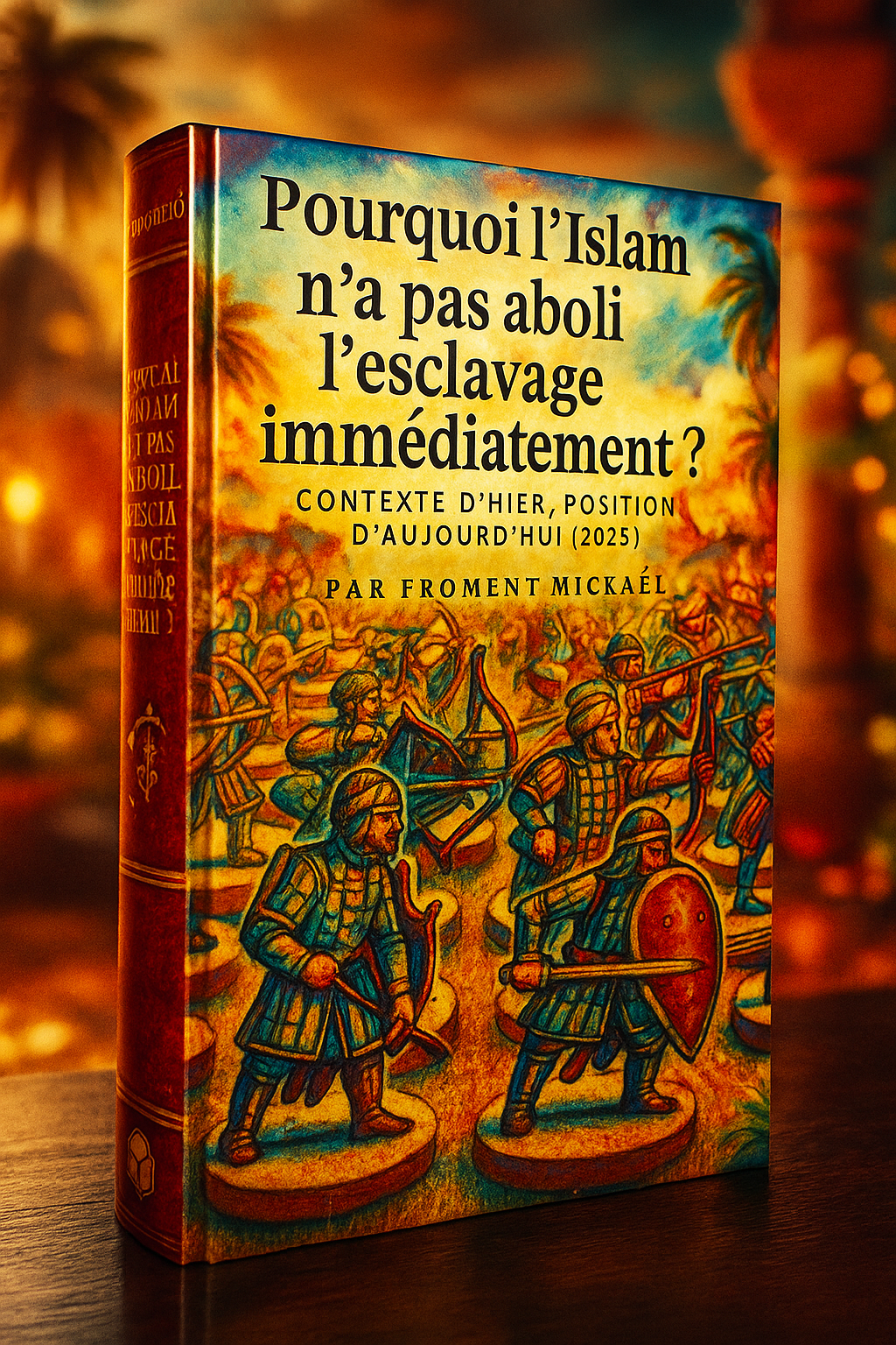 Pourquoi l’Islam n’a pas aboli l’esclavage immédiatement ? par Froment Mickaël. Livre 3D posé sur décor historique lumineux, évoquant la justice, la spiritualité et la vérité historique sur l’esclavage en islam. PDF de 12 pages éducatif et percutant, édition BaytMuslim.