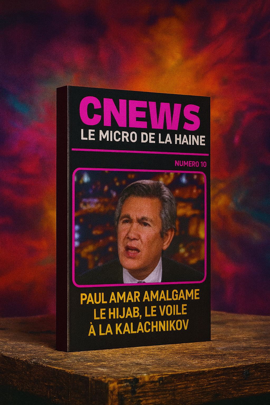Couverture du livret CNews : Le Micro de la Haine – Numéro 10, édition engagée de la revue Une Parole Musulmane. Ce dixième numéro dénonce les propos islamophobes de Paul Amar sur la chaîne CNews, où il a scandaleusement associé le hijab et le voile à la kalachnikov. Une œuvre militante, percutante et visuellement marquante, qui défend la dignité des femmes musulmanes, la liberté religieuse et condamne les discours de haine diffusés dans les médias français.