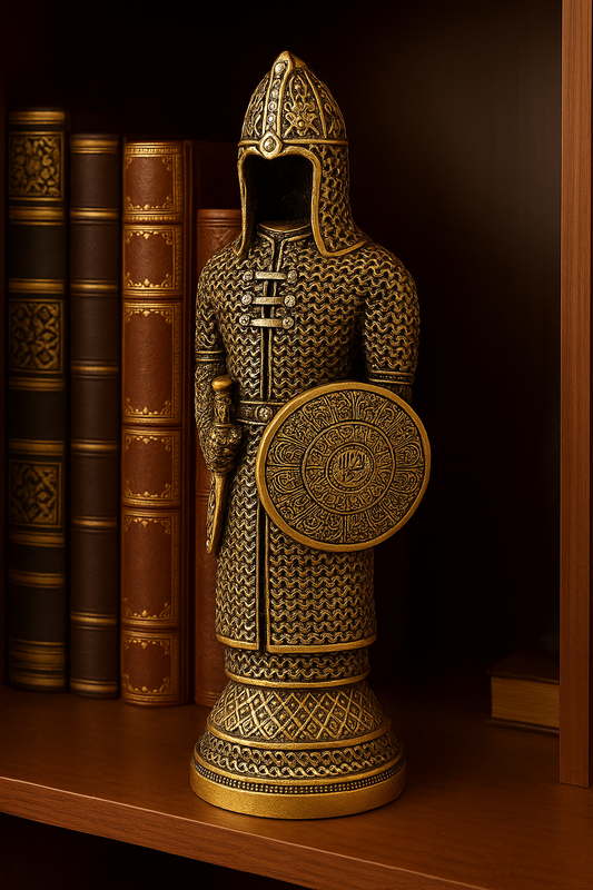 Statue décorative d’un soldat ottoman en armure, tenant un bouclier orné de calligraphies, exposée sur une étagère en bois aux côtés de livres anciens.