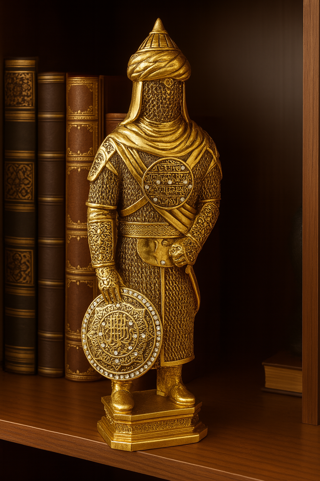 Statue dorée d’un soldat ottoman en armure, tenant un bouclier orné de calligraphie islamique, exposée sur une étagère en bois entourée de livres anciens