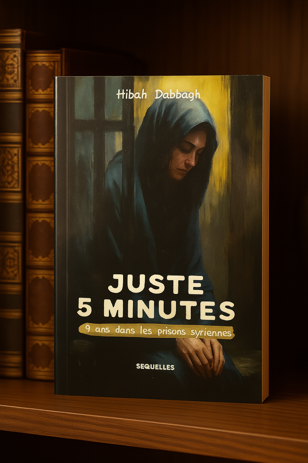 Couverture du livre Juste 5 minutes – 9 ans dans les prisons syriennes de Hibah Dabbagh, montrant une femme voilée derrière des barreaux, assise et le regard baissé, sur fond sombre et expressif.