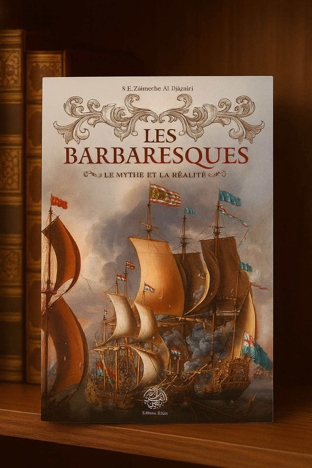 Couverture du livre Les Barbaresques – Le mythe et la réalité de S.E. Zaïneche Al Djazaïri, illustrée par une scène de bataille navale entre galions ottomans et navires européens, avec des drapeaux colorés et des voiles déployées.