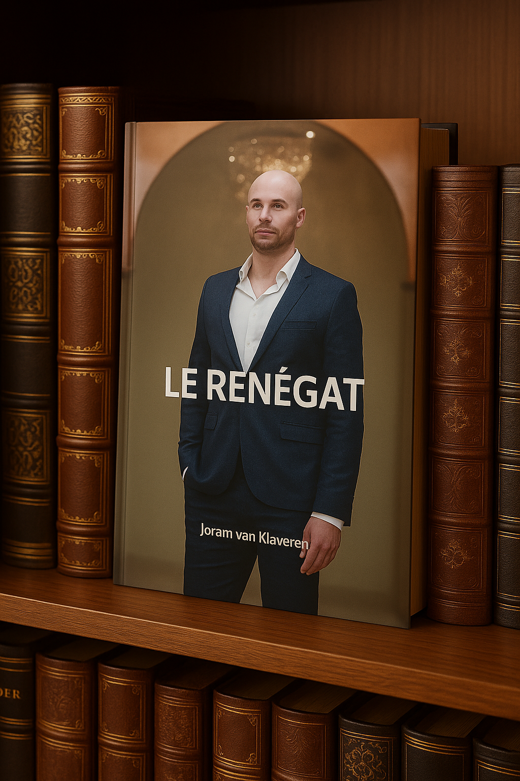 Couverture du livre Le Renégat de Joram van Klaveren, montrant l’auteur debout en costume dans une mosquée, sous un lustre, les mains dans les poches et le regard sérieux.