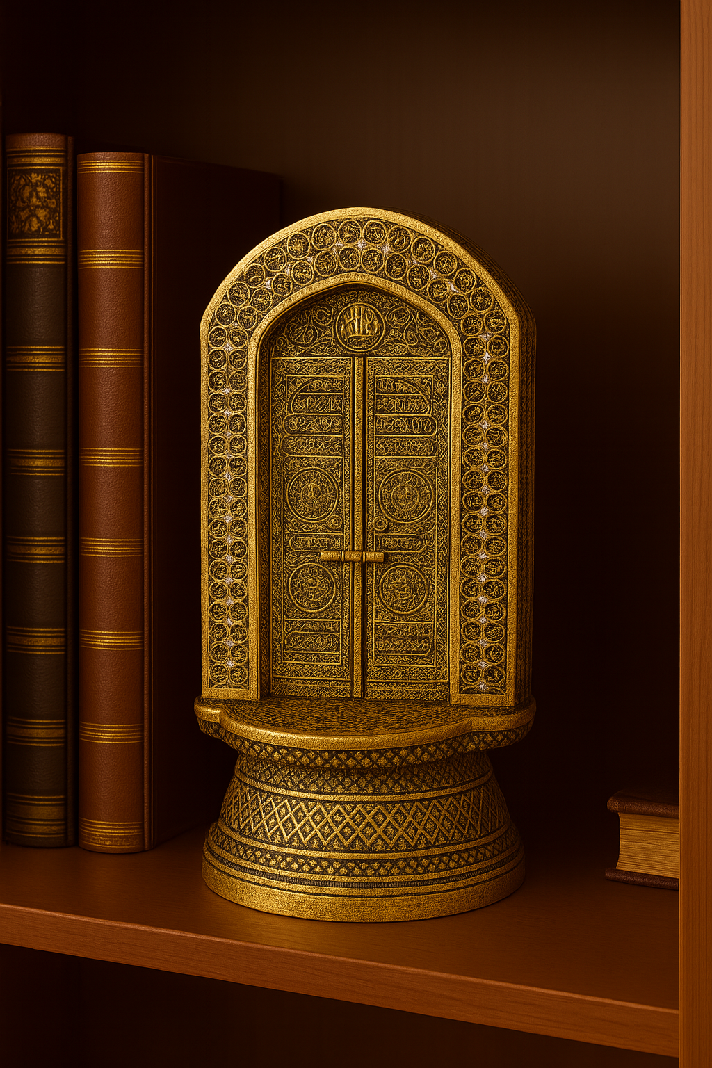 Porte Kaaba décorative dorée représentant la porte de la Kaaba, richement ornée de motifs islamiques, exposée sur une étagère en bois entre des livres anciens.
