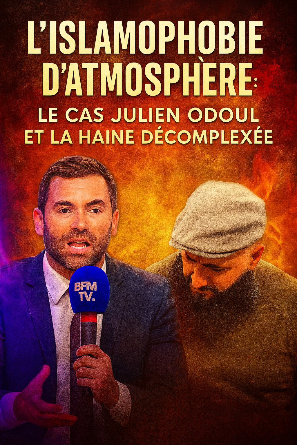 Couverture du livre L’islamophobie d’atmosphère : le cas Julien Odoul et la haine décomplexée de Froment Mickaël — un ouvrage percutant qui dénonce la banalisation de la haine antimusulmane dans les médias français. On y voit deux hommes sur un plateau télé de BFM TV, symbolisant le débat sur la représentation des musulmans. Le livre aborde le lien entre discours médiatique, islamophobie d’atmosphère et stigmatisation des pratiques musulmanes comme la barbe ou le voile. 