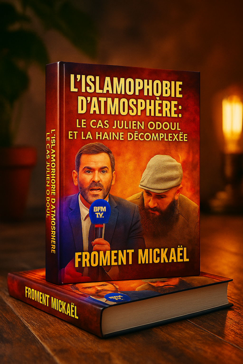 Couverture du livre L’islamophobie d’atmosphère : le cas Julien Odoul et la haine décomplexée de Froment Mickaël — un ouvrage percutant qui dénonce la banalisation de la haine antimusulmane dans les médias français. On y voit deux hommes sur un plateau télé de BFM TV, symbolisant le débat sur la représentation des musulmans. Le livre aborde le lien entre discours médiatique, islamophobie d’atmosphère et stigmatisation des pratiques musulmanes comme la barbe ou le voile. 