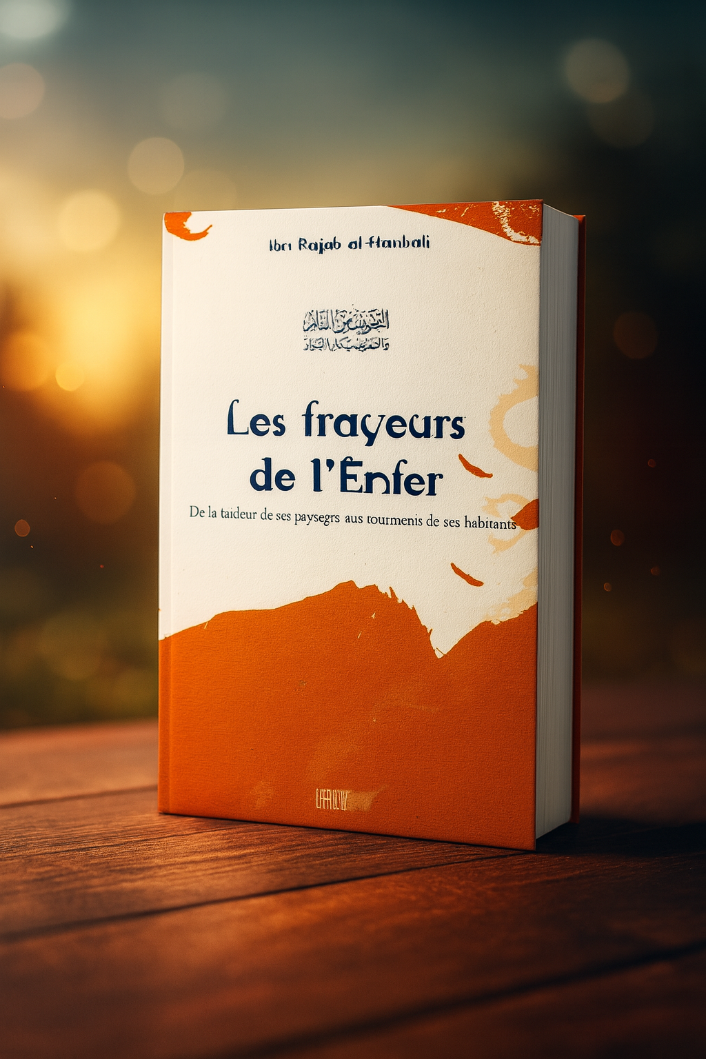 Livre 'Les frayeurs de l’Enfer' d’Ibn Rajab al-Hanbali en 3D, posé sur une table en bois, avec un fond chaleureux et flou aux tons orangés. Couverture blanche et orange avec calligraphie arabe et titre en français. Ouvrage islamique traitant de la description de l’Enfer, de la laideur de ses paysages aux tourments de ses habitants.