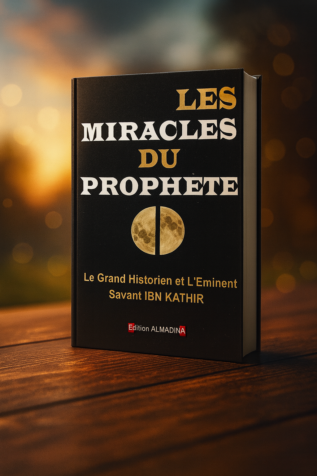 Livre islamique 'Les Miracles du Prophète' du grand historien et savant Ibn Kathir, édition Almadina, représenté en 3D posé sur une table en bois avec un fond flou aux couleurs chaudes. Couverture noire avec titre en lettres blanches et dorées, lune scindée en deux illustrant le miracle de la fente de la lune.