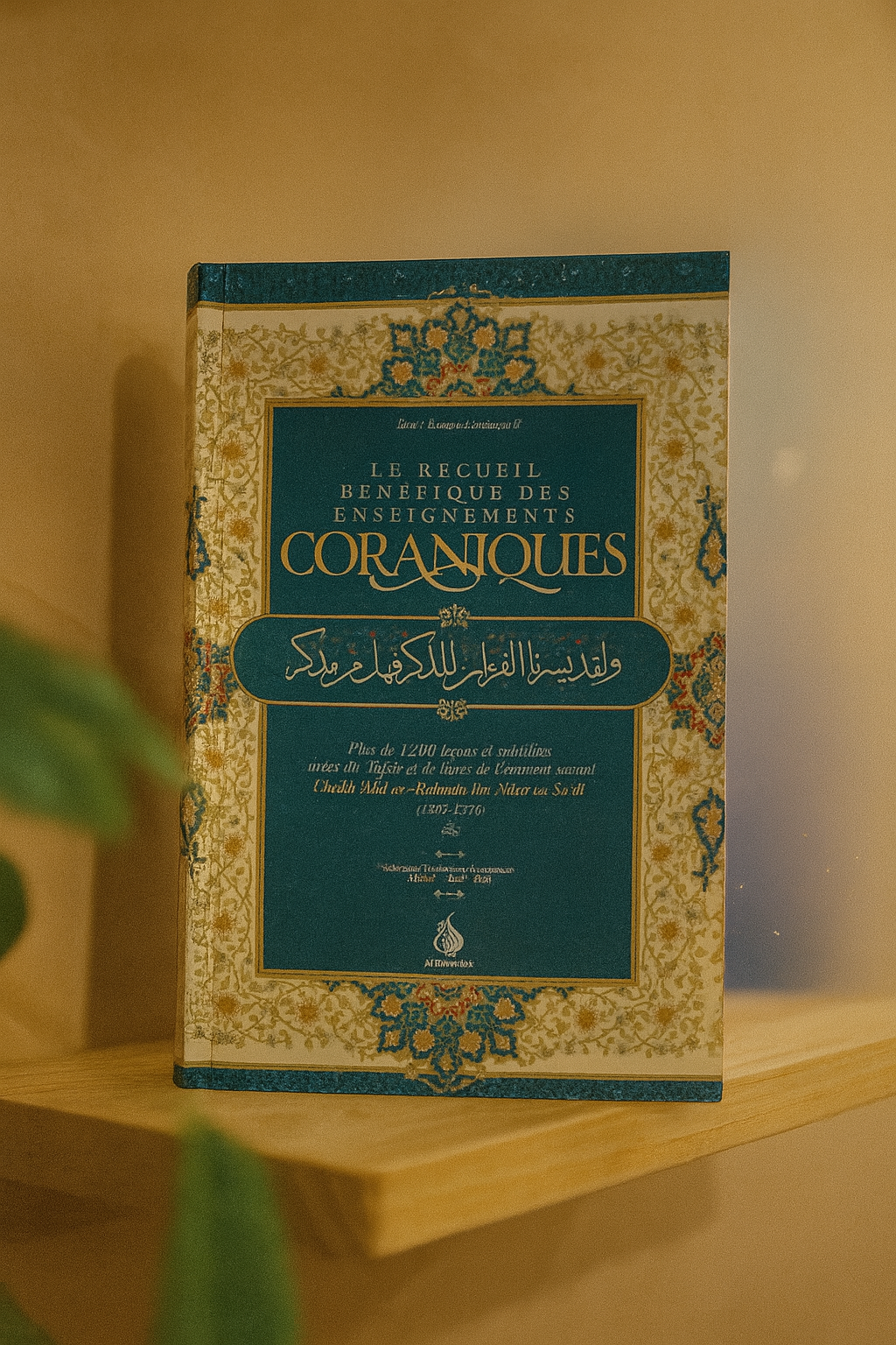 Couverture du livre "Le Recueil bénéfique des enseignements coraniques", tiré du Tafsîr de Cheikh Abd ar-Rahman ibn Nâsir as-Sa'dî, enrichi de plus de 1200 leçons spirituelles, présenté dans un décor floral oriental sur fond bleu et doré.