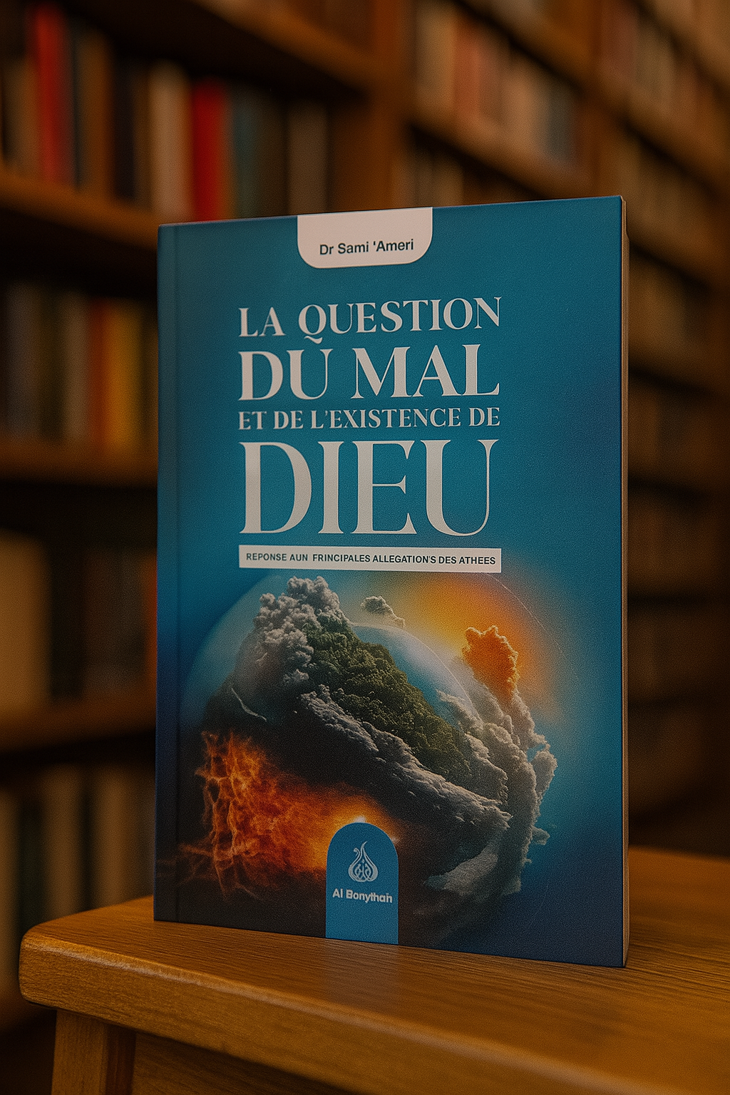 Couverture du livre "La Question du Mal et de l’Existence de Dieu" du Dr Sami 'Ameri, posée sur une étagère en bois dans une bibliothèque, illustrant un globe partagé entre feu et verdure, symbolisant le problème du mal et la foi.