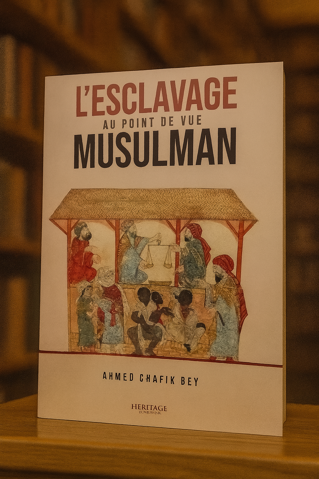 Couverture du livre "L’Esclavage au point de vue musulman" d’Ahmed Chafik Bey, publié chez Héritage Éditions, illustrée par une scène historique orientale représentant un marché d’esclaves sous un auvent, sur fond beige.