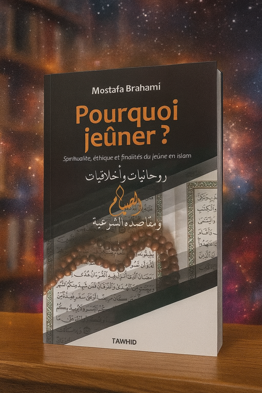 Couverture du livre "Pourquoi jeûner ?" de Mostafa Brahami, illustrée avec un chapelet posé sur une page du Coran, abordant la spiritualité, l’éthique et les finalités du jeûne en islam, avec des textes en français et en arabe.
