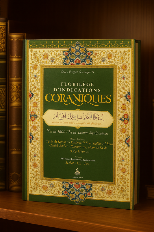 Le livre 'Florilège d’Indications Coraniques', posé sur une étagère en bois, se distingue par sa couverture ornée de motifs islamiques raffinés et son encadrement floral, offrant plus de 1600 clés de lecture issues du tafsîr de Cheikh As-Sa'dî.