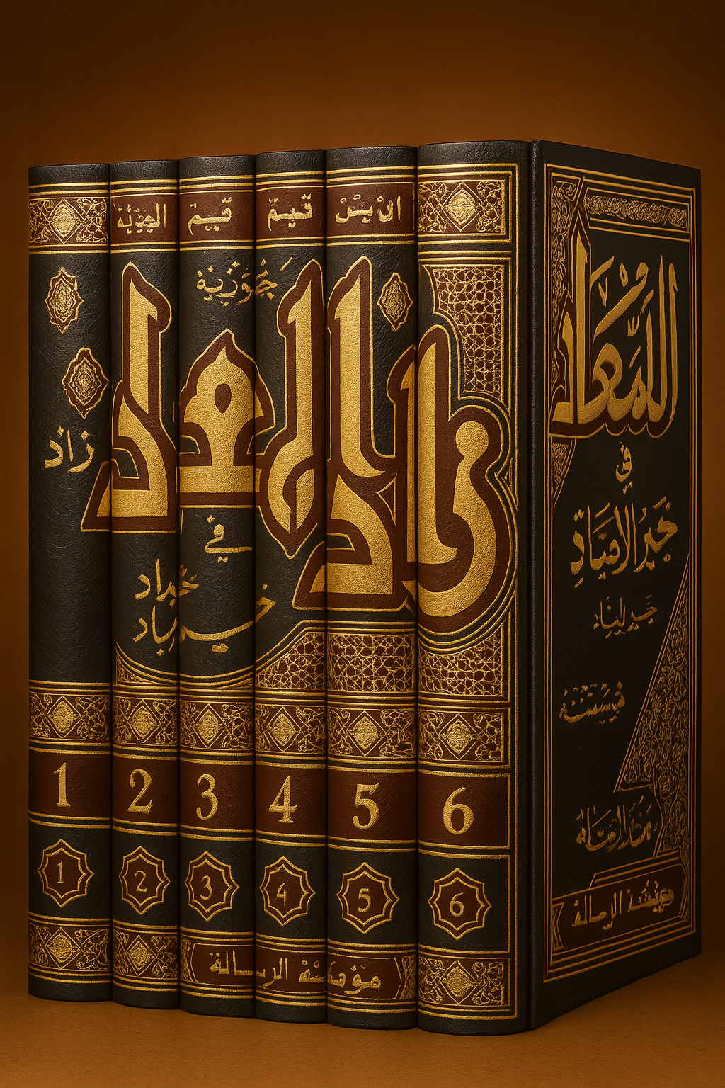 Ensemble complet en six volumes de l'ouvrage classique 'Zâd al-Ma'âd' d'Ibn al-Qayyim, reliure luxueuse, un trésor de la littérature islamique regroupant les sagesses prophétiques et les orientations du Prophète ﷺ dans tous les aspects de la vie.