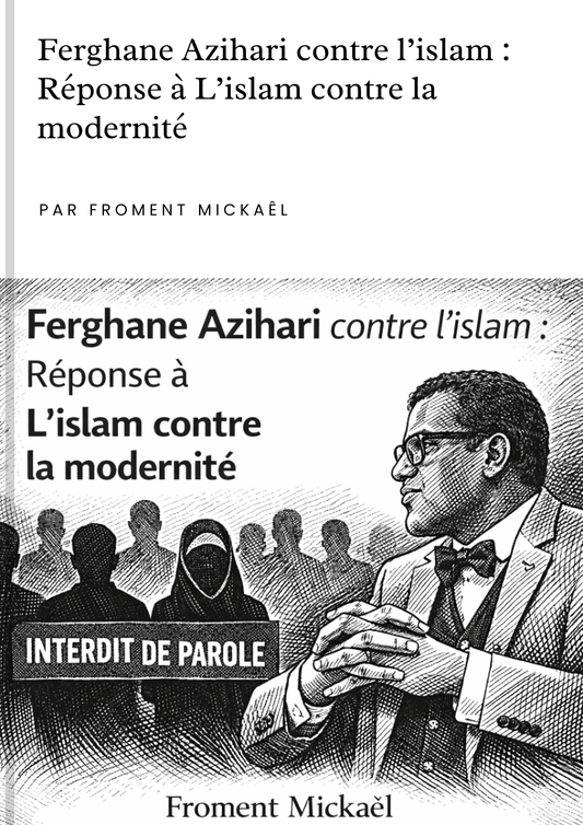 Couverture du livret “Ferghane Azihari contre l’islam : Réponse à L’islam contre la modernité” de Froment Mickaël, en format 3D. Illustration en noir et blanc représentant Ferghane Azihari parlant seul face à des silhouettes de musulmans réduits au silence, avec l’inscription “Interdit de parole”.