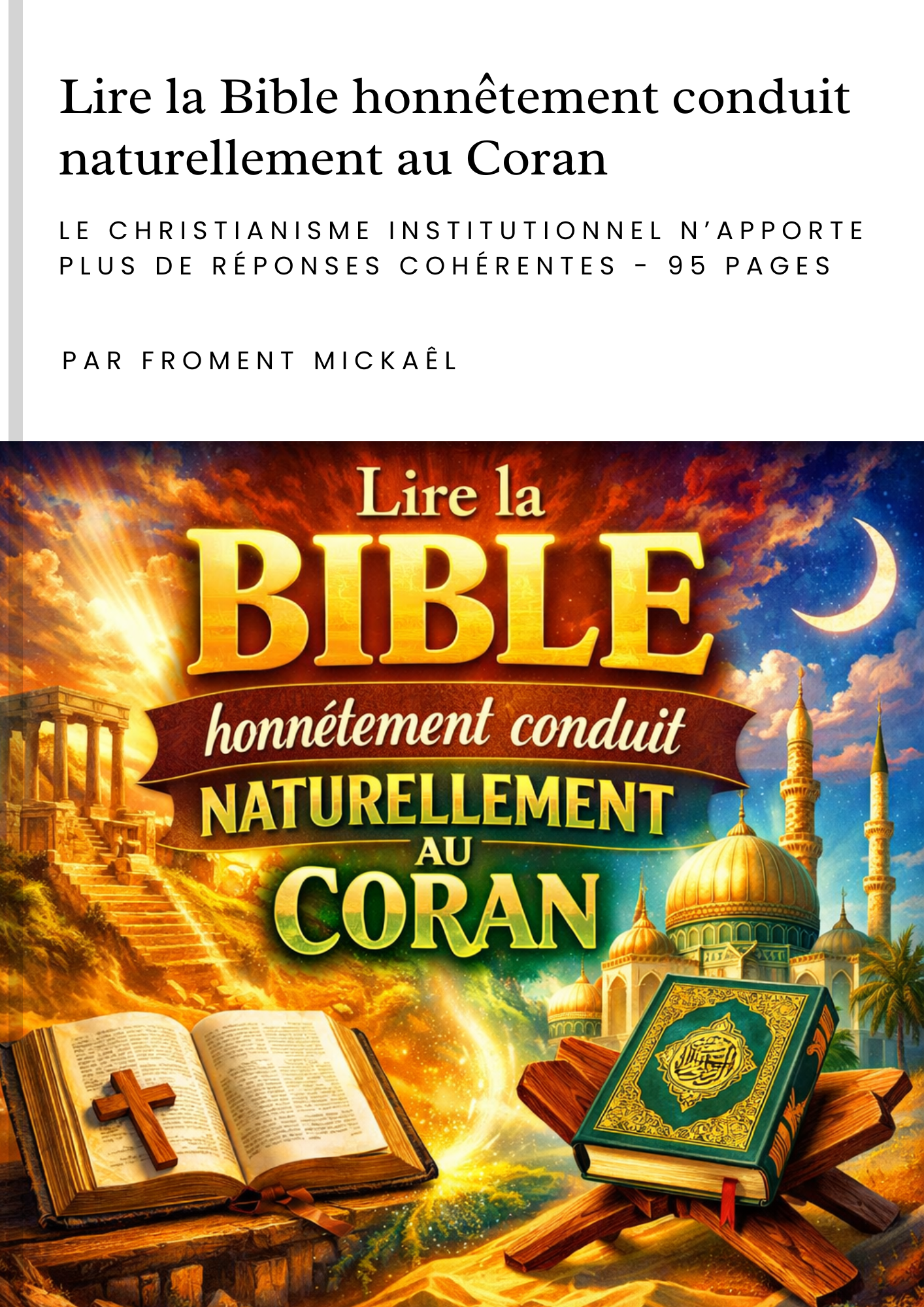 Livre « Lire la Bible honnêtement conduit naturellement au Coran » en rendu 3D, essai théologique de Froment Mickaël sur la cohérence du Coran face aux contradictions du christianisme.