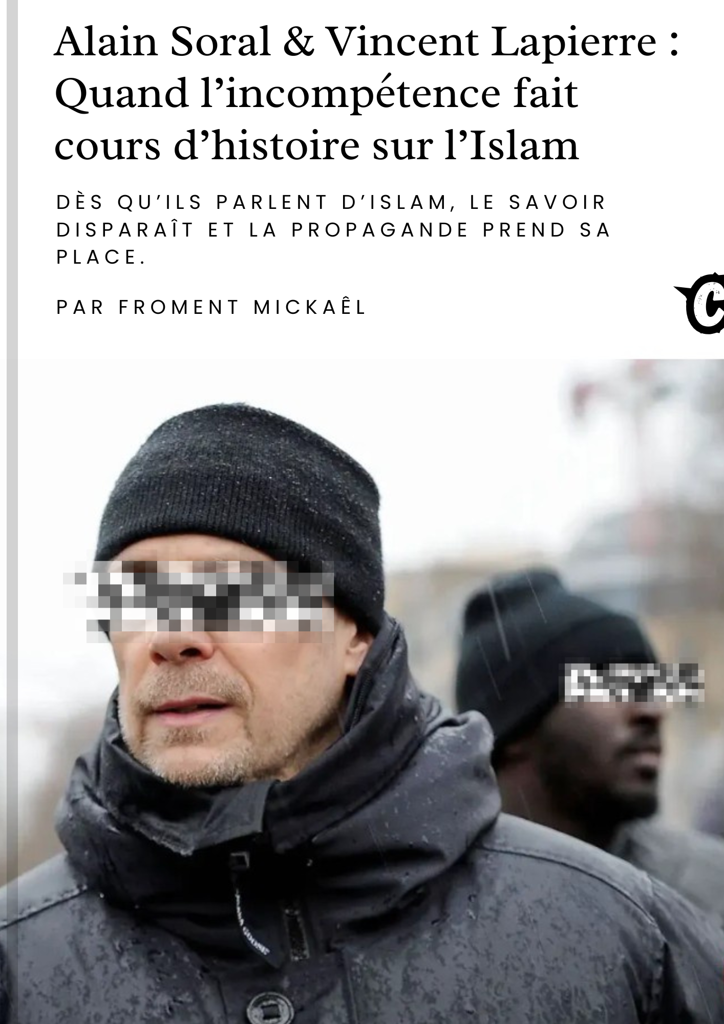 Livre : “Alain Soral & Vincent Lapierre – Quand l’incompétence fait cours d’histoire sur l’Islam”, un ouvrage de Froment Mickaël dénonçant les erreurs historiques et la propagande autour de l’Islam. Couverture percutante avec ambiance dramatique, couleurs vives et atmosphère engagée.