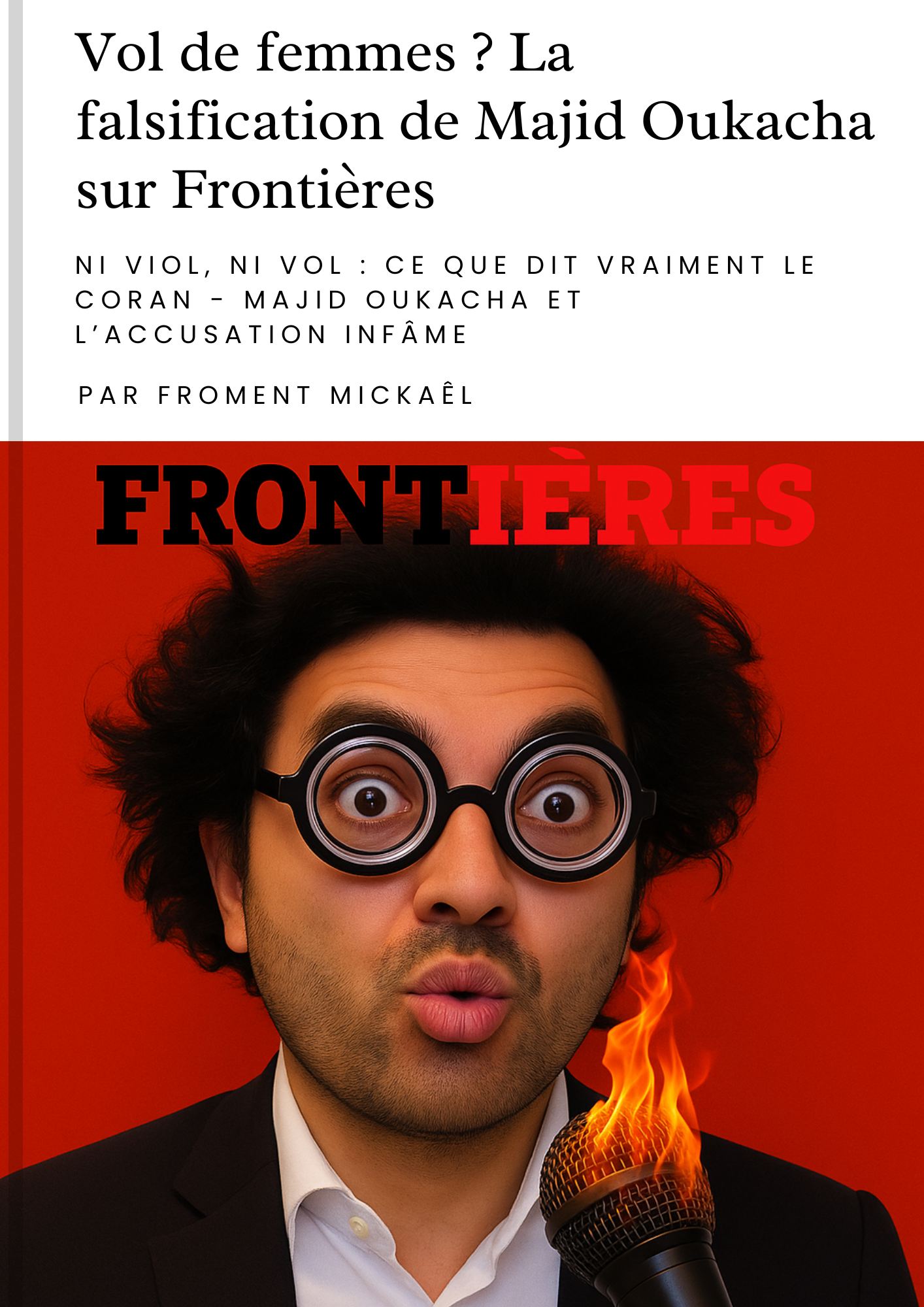Couverture du livret « Vol de femmes ? La falsification de Majid Oukacha sur Frontières » – Réfutation islamophobie, 17 pages, réponse documentée au verset 4:24 (Sourate An-Nisa). Analyse historique, exégèse coranique, Juwayriyya, Safiyya, captives d’Awṭâs. Dénonciation des mensonges sur le viol et le vol de femmes attribués à l’Islam. mahomet