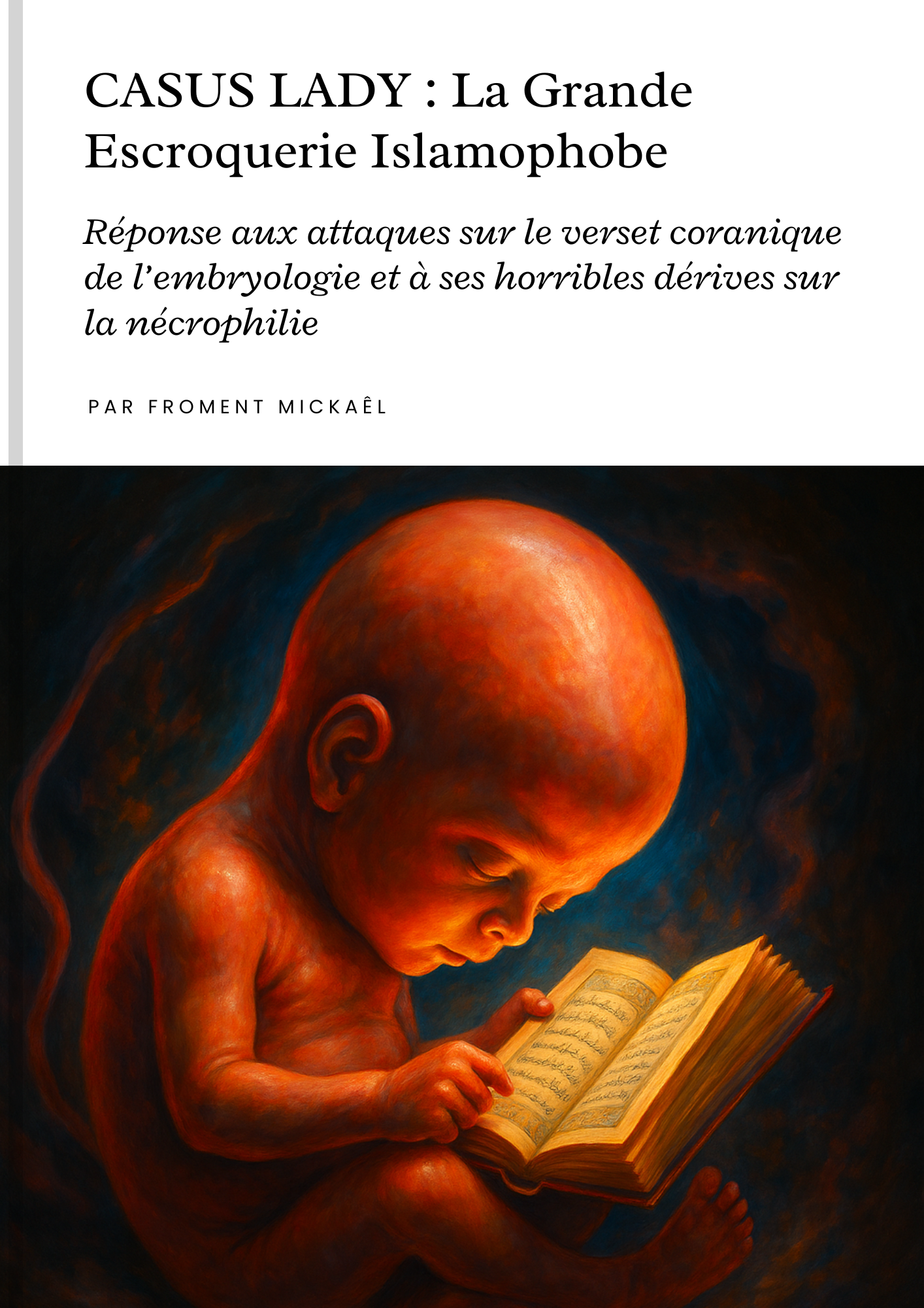 Casus Lady : La Grande Escroquerie Islamophobe – Froment Mickaël
Réponse rigoureuse aux attaques abusives portées contre un verset coranique relatif à l’embryologie, et à ses dérives outrancières évoquant la nécrophilie. Une analyse engagée qui déconstruit méthodiquement les arguments fallacieux islamophobes, avec une approche claire, documentée et accessible. Parfait pour ceux qui souhaitent contrer la désinformation avec intelligence et respect.