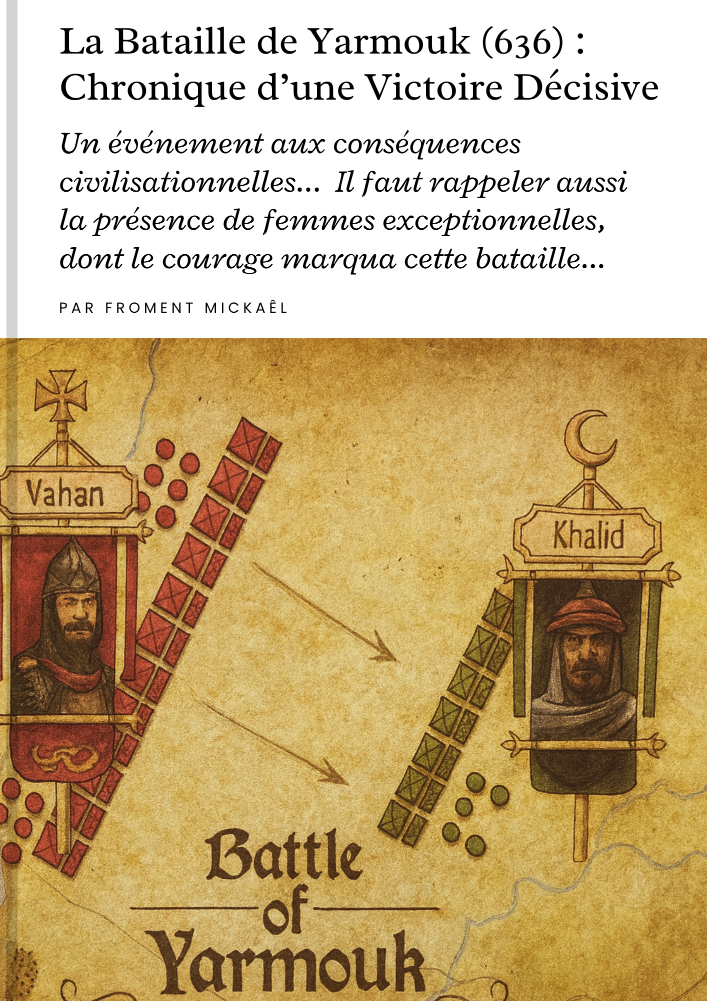 Livre PDF La Bataille de Yarmouk (636), récit historique de la victoire décisive des armées musulmanes dirigées par Khalid ibn al-Walid contre l’Empire byzantin, avec cartes, analyses et mise en avant du rôle des femmes courageuses.
