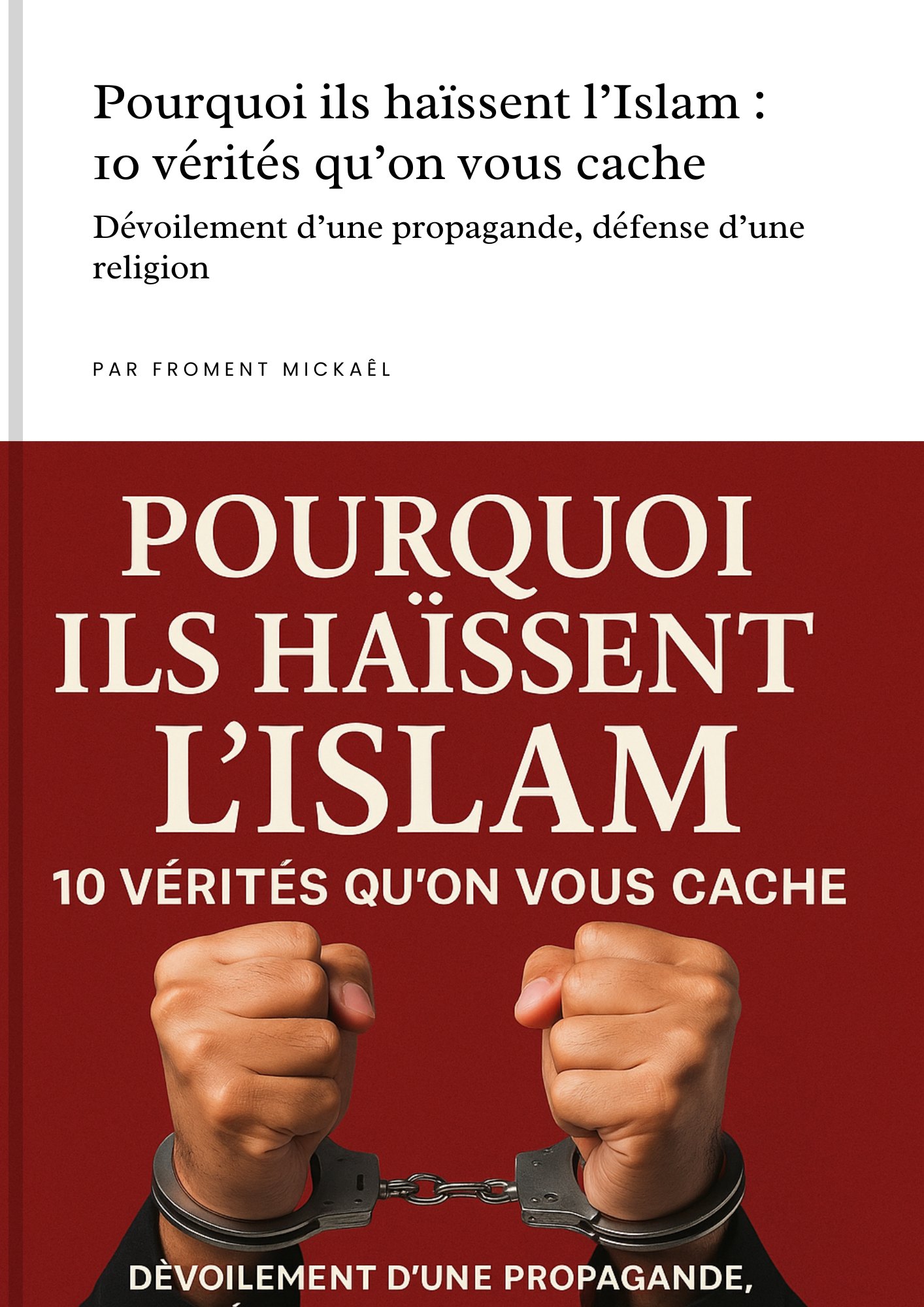Pourquoi ils haïssent l’Islam – Livret vérité sur l’islamophobie, mensonges médiatiques, propagande anti-musulmane, analyse critique, défense de l’islam, Froment Mickaël

Découvrez un livret percutant qui dévoile 10 vérités cachées sur la haine contre l’Islam : manipulation des médias, lois d’exception, racisme d’État, censure de la parole musulmane, stigmatisation des croyants, attaques contre les valeurs islamiques, préjugés coloniaux. 