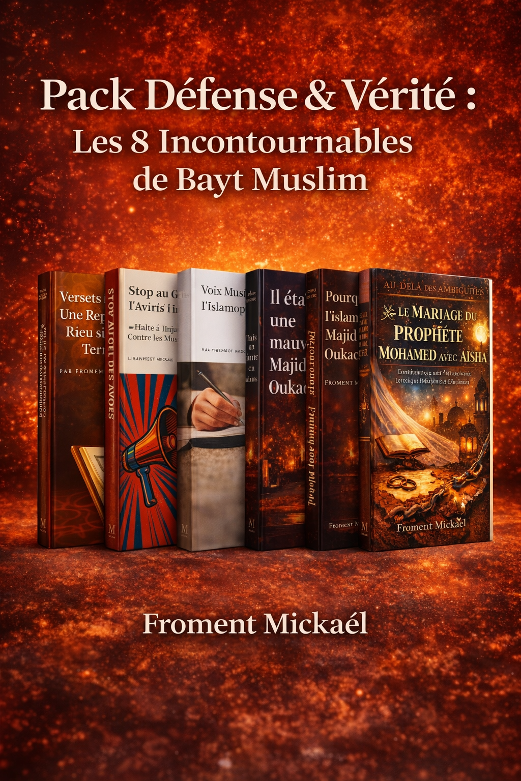 Pack Défense & Vérité – Les 8 incontournables de Bayt Muslim : collection de livres islamiques de Froment Mickaël réfutant l’islamophobie, les accusations contre l’islam, le terrorisme, l’esclavage, le mariage du Prophète Mohammed avec Aïsha et les injustices visant les musulmans, présentés en coffret promotionnel.