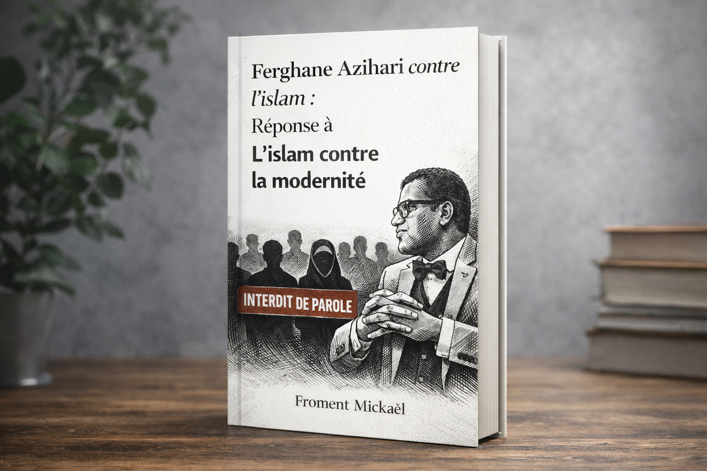 Couverture du livret “Ferghane Azihari contre l’islam : Réponse à L’islam contre la modernité” de Froment Mickaël, en format 3D. Illustration en noir et blanc représentant Ferghane Azihari parlant seul face à des silhouettes de musulmans réduits au silence, avec l’inscription “Interdit de parole”.