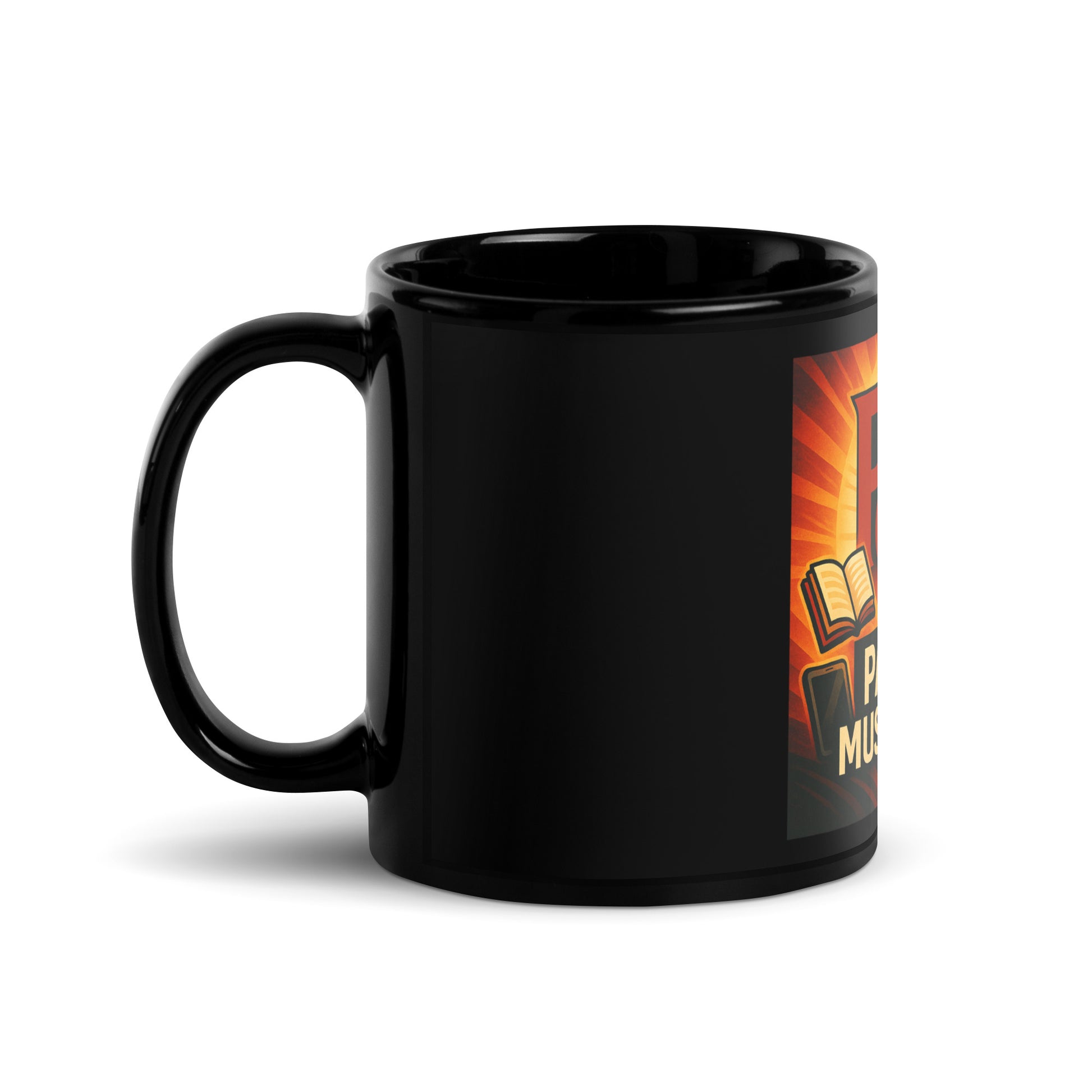 Mug noir Parole Musulmane – Cadeau islamique original avec design PM, livre, micro et croissant étoilé – Tasse café stylée pour musulmans engagés – Boutique islam & culture musulmane – Accessoire déco musulman, parfait pour bureau, cuisine ou podcasting