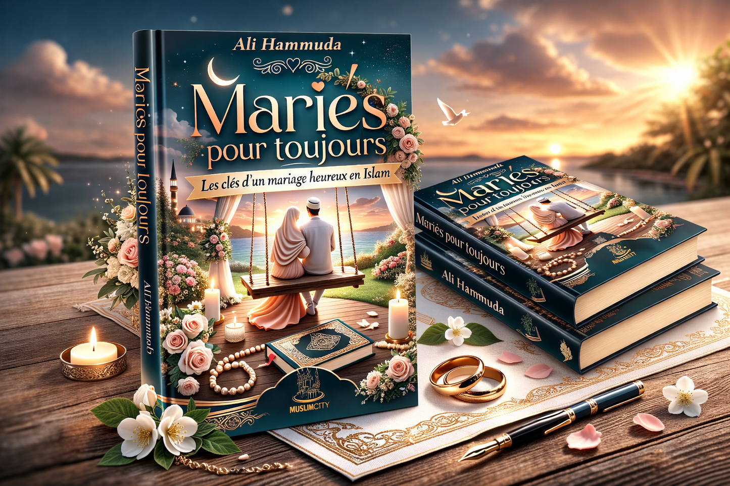 Livre Mariés pour toujours d’Ali Hammuda en format 3D, guide islamique sur le mariage heureux, couple musulman au coucher du soleil, édition MuslimCity