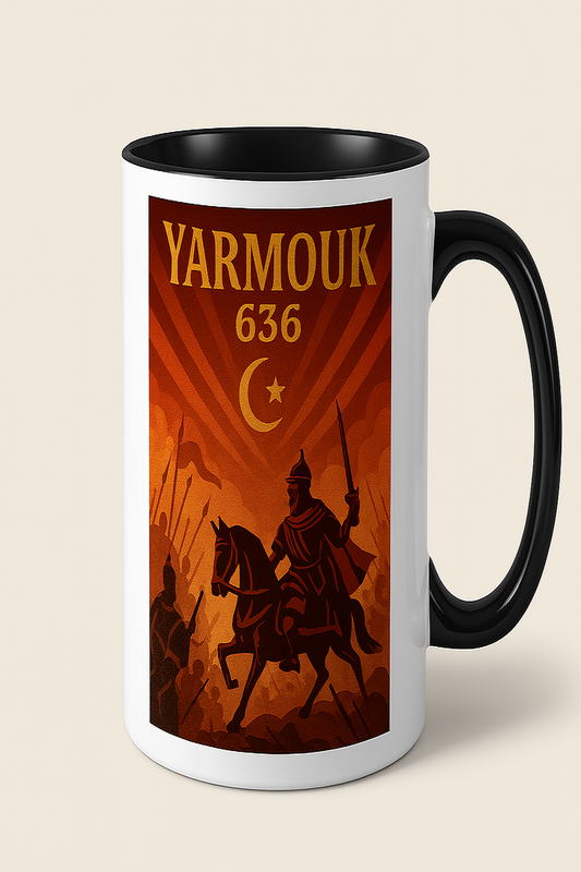 Mug historique et stylisé à l’effigie de la bataille de Yarmouk (636), illustré avec des teintes chaudes et un design guerrier inspirant. Idéal pour les amateurs d’histoire islamique, ce mug unique accompagne vos moments thé en rappelant un tournant majeur de la civilisation. Atmosphère chaleureuse, fond boisé et épices d’Orient : un cadeau à fort caractère.