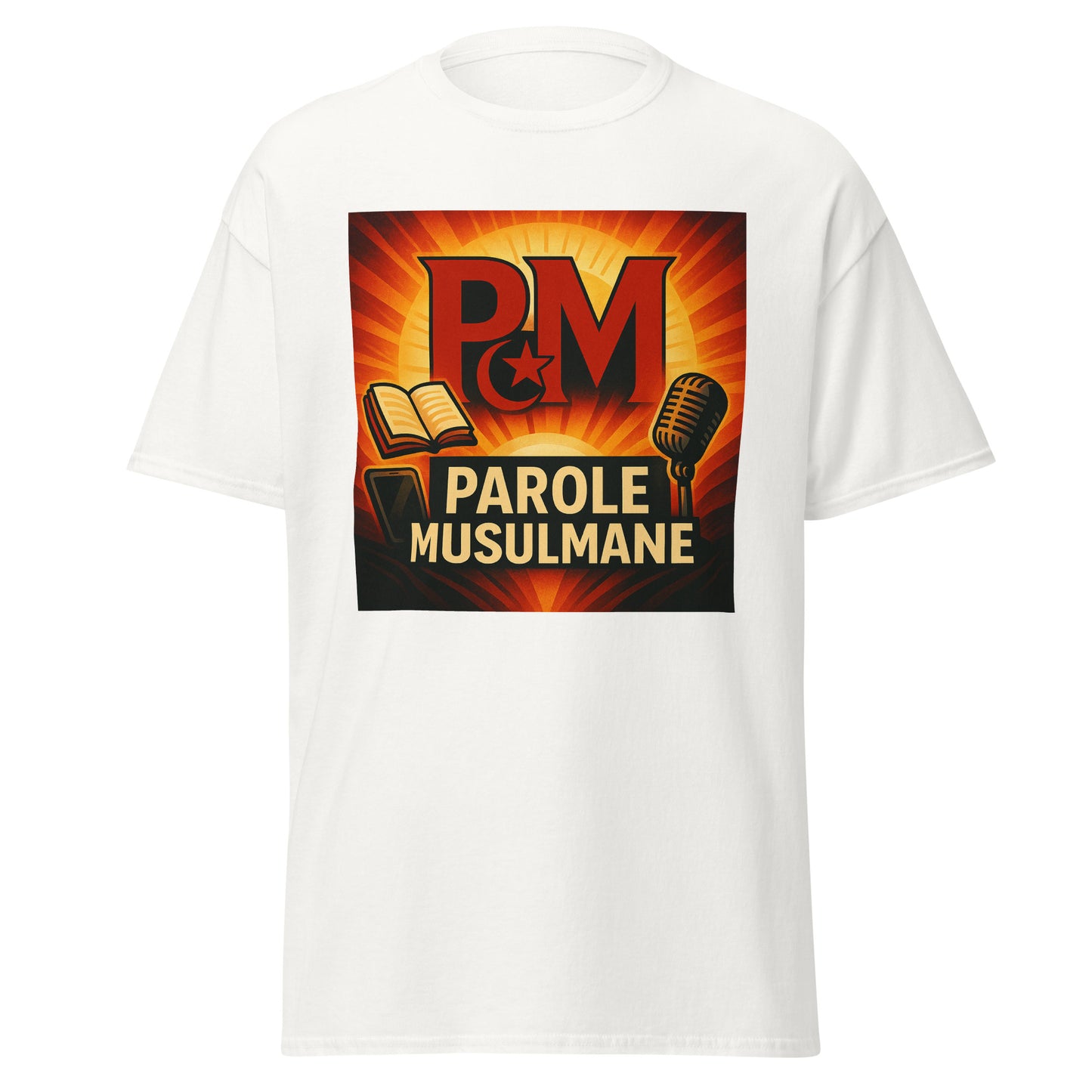 T-shirt islamique engagé – Parole Musulmane – Design militant HDR haut en couleur, micro et livre – Idéal pour affirmer sa foi, lutter contre l’islamophobie et soutenir une parole musulmane libre – Impression de qualité sur textile blanc – Vêtement musulman homme tendance et original