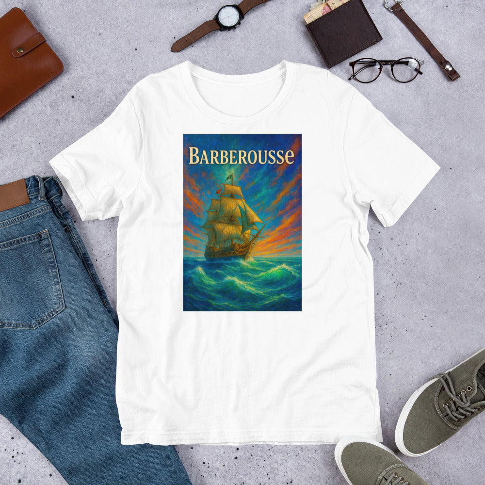 T-shirt blanc Barberousse avec impression artistique vibrante d’un navire ottoman affrontant des vagues tourbillonnantes sous un ciel flamboyant. Design inspiré de l’histoire maritime, mis en scène sur fond en bois chaleureux avec accessoires lifestyle : veste en jean, sneakers, café et carnet. Produit haut en couleur et visuellement accrocheur, idéal pour une boutique culturelle ou orientale.