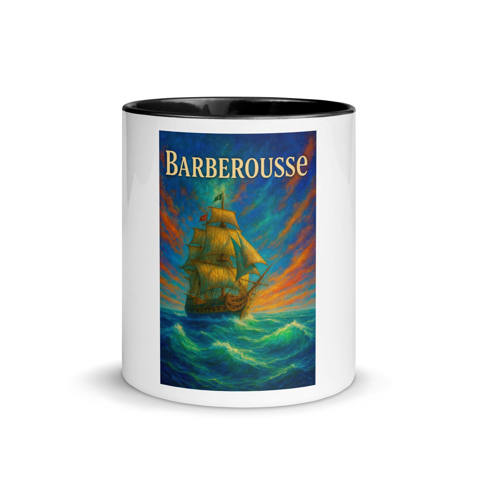 Mug en céramique Barberousse avec illustration éclatante d’un navire ottoman naviguant sur des vagues émeraude sous un ciel flamboyant. Design haut en couleur inspiré de l’histoire maritime, parfait pour savourer un café ou un thé avec style. Intérieur noir brillant, vapeur visible – idéal pour une boutique orientée histoire, mer ou culture ottomane.